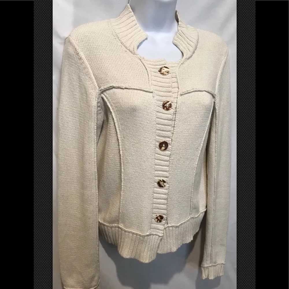 NIC + ZOE Sweater Ivory Patchwork Button Front Cardigan Career Casual Cotton